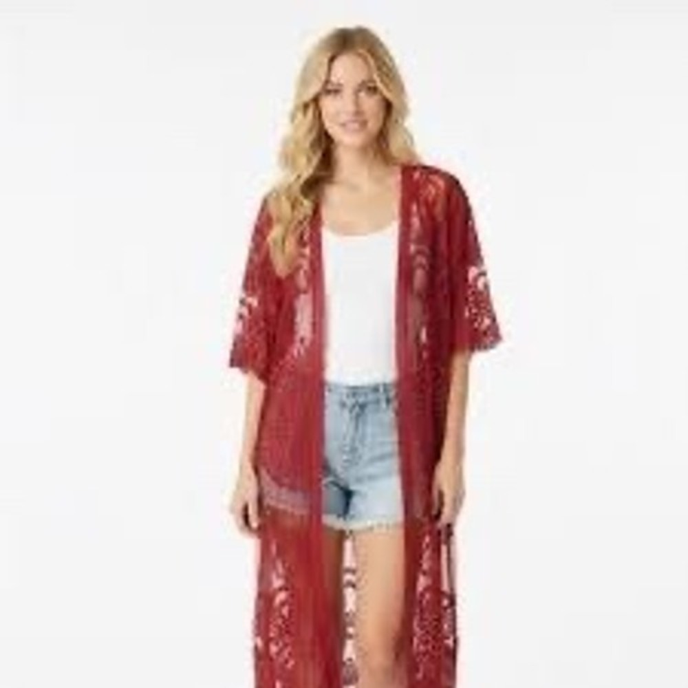 Free People Sheer Floral Lace Duster Kimono Burgundy Rust Medallion OS